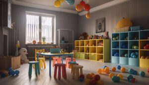 Czym jest Metoda Montessori? Jak ją stosować? Fun-colorful-playroom-with-toys-decorations-generated-by-ai